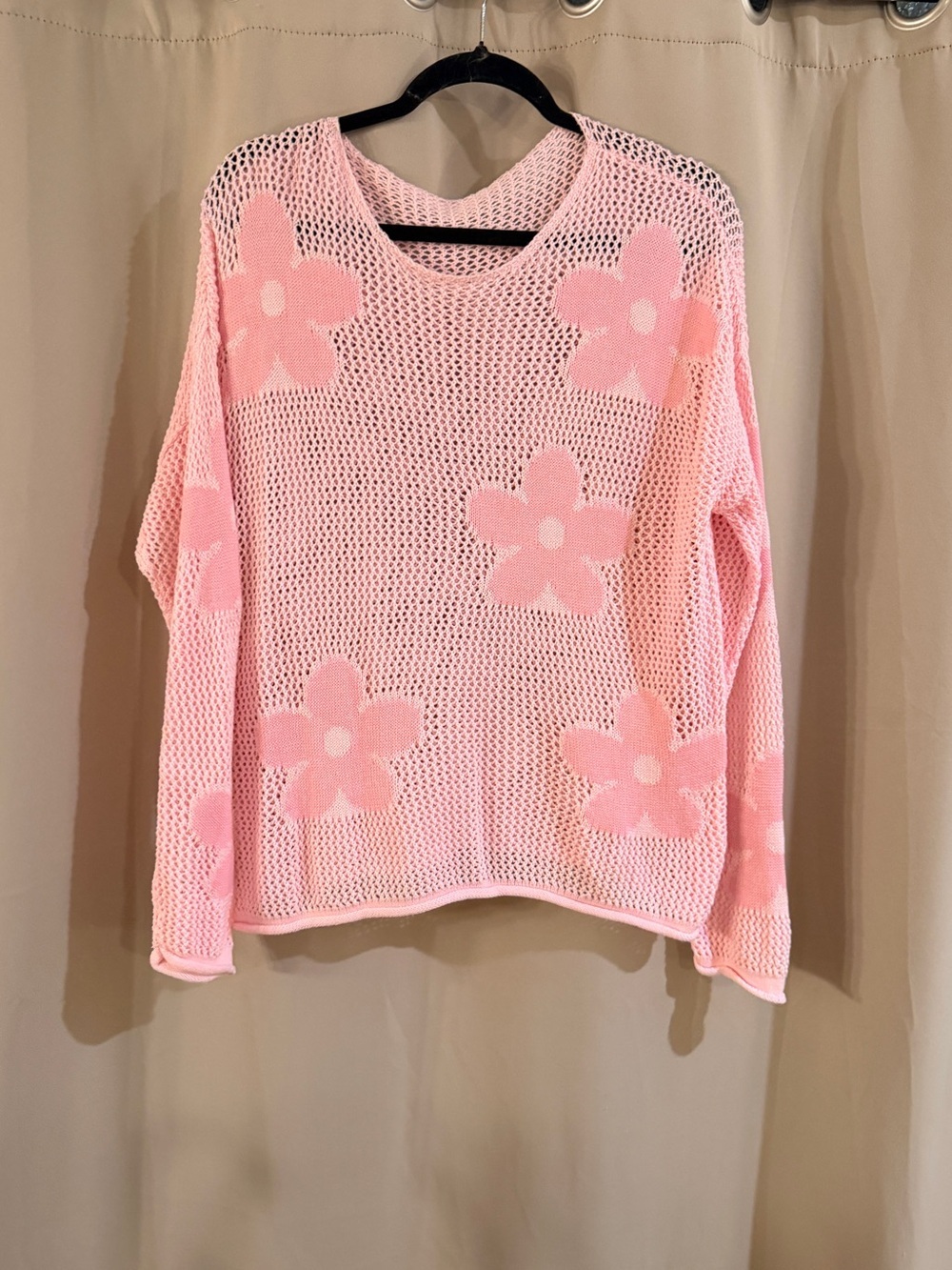 Women’s Pink Floral Open-Knit Sweater